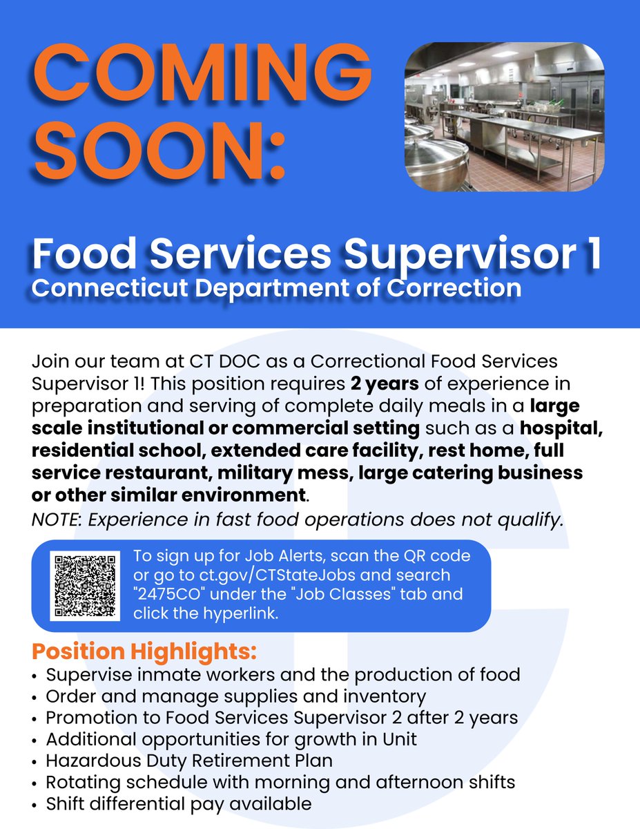 State Of CT Jobs (@ctstatejobs) on Twitter photo 🍴 Coming soon! <a href="/CTCorrections/">Connecticut DOC</a> will be opening up their Correctional Food Services Supervisor 1 recruitment in the near future.
If interested, you can sign up for Job Alerts so you will receive a notification once the posting goes live: lnkd.in/ebRKyx44
#CTCareers 🍴 Coming soon! <a href="/CTCorrections/">Connecticut DOC</a> will be opening up their Correctional Food Services Supervisor 1 recruitment in the near future.
If interested, you can sign up for Job Alerts so you will receive a notification once the posting goes live: lnkd.in/ebRKyx44
#CTCareers