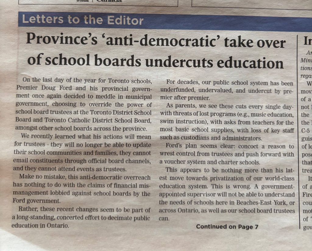 DrKateTO's tweet image. Thank you to Beach Metro News for publishing my piece about Doug Ford’s blatant power grab and continued meddling in municipal affairs.
It is ridiculous that trustees, who were elected by the people, had their powers revoked by our supposedly “for the people” Premier. #onted