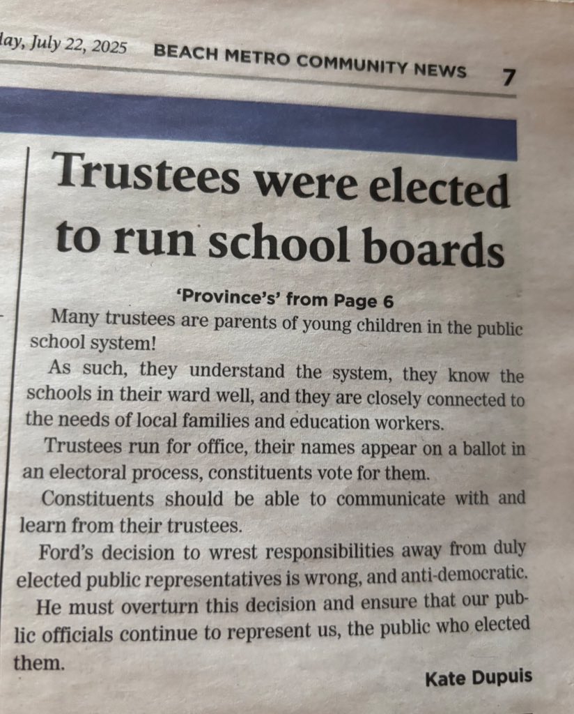 DrKateTO's tweet image. Thank you to Beach Metro News for publishing my piece about Doug Ford’s blatant power grab and continued meddling in municipal affairs.
It is ridiculous that trustees, who were elected by the people, had their powers revoked by our supposedly “for the people” Premier. #onted