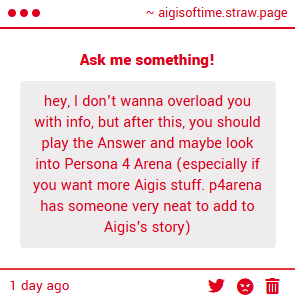 AigisOfTime's tweet image. I plan to play the answer soon!! I'm really excited for it even if it is just 150 more Tartarus floors... I'd want to play P4 before touching Arena but with the remake coming out eventually Idk when that'll happen unfortunately