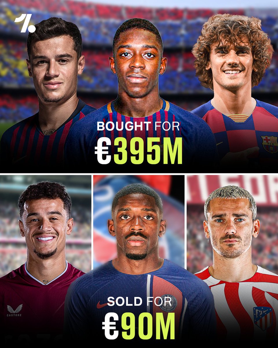 OneFootball's tweet image. Barcelona lost over €300m from the sales of Philippe Coutinho, Antoine Griezmann and Ousmane Dembélé 😰📉