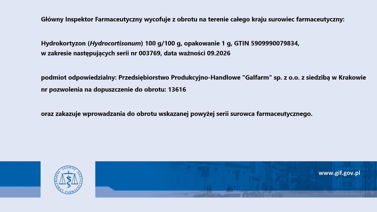 Decyzja GIF wycofująca z obrotu oraz zakazująca wprowadzania do obrotu wskazanych serii surowca farmaceutycznego👇
rdg.ezdrowie.gov.pl/Decision/Downl…