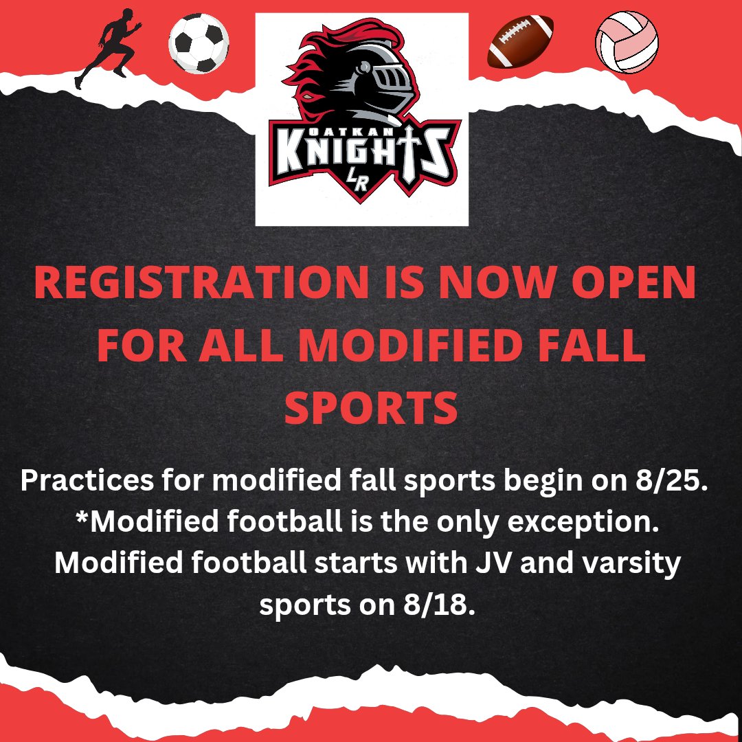 LeRoy_CSD's tweet image. Registration is now open for all modified fall sports. Please use the link below to sign up.

students.arbitersports.com/organizations/…

*Practices for modified fall sports begin on 8/25.  

*Modified football is the only exception.  Modified football starts with JV and varsity sports on 8/18.