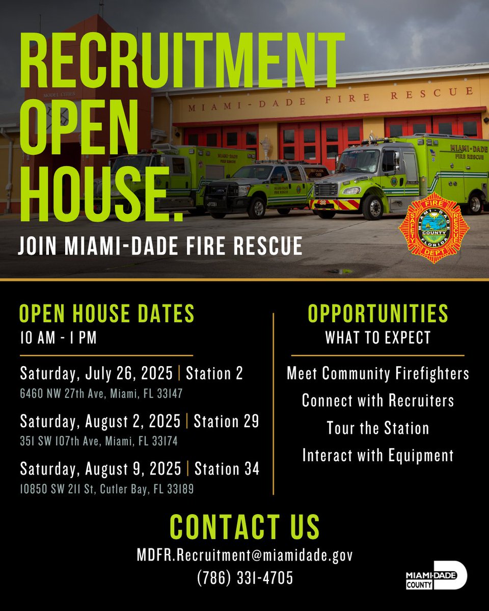 We can't wait to see you at our first Recruitment Open House tomorrow at #MDFR's #Station2 (6460 NW 27 Avenue, Miami, Florida, 33147), from 10 a.m. to 1 p.m.

Now’s your chance to meet firefighters, get your questions answered, and learn what it takes to become a part of MDFR.