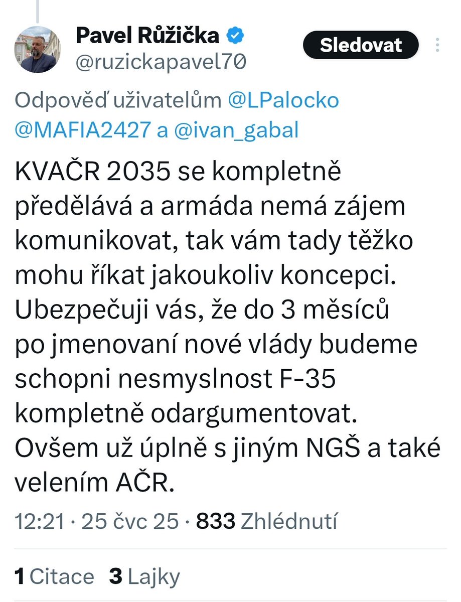 Gromo's tweet image. Nejhloupější poslanec ve sněmovně slibuje armádní čistky do tří měsíců po volbách.
Fajn vědět.