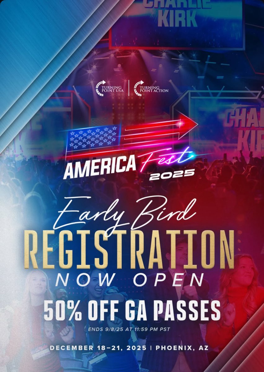 MarissaMahacek's tweet image. Americafest is BACK!🥳
Join us this December in Phoenix for the greatest event in the conservative movement🇺🇸
Don’t miss your chance to get 50% off your general admission pass. Our Early Bird deal is valid until 9/8/25 at 11:59 PM PST🎉
Register now at AMFEST.COM