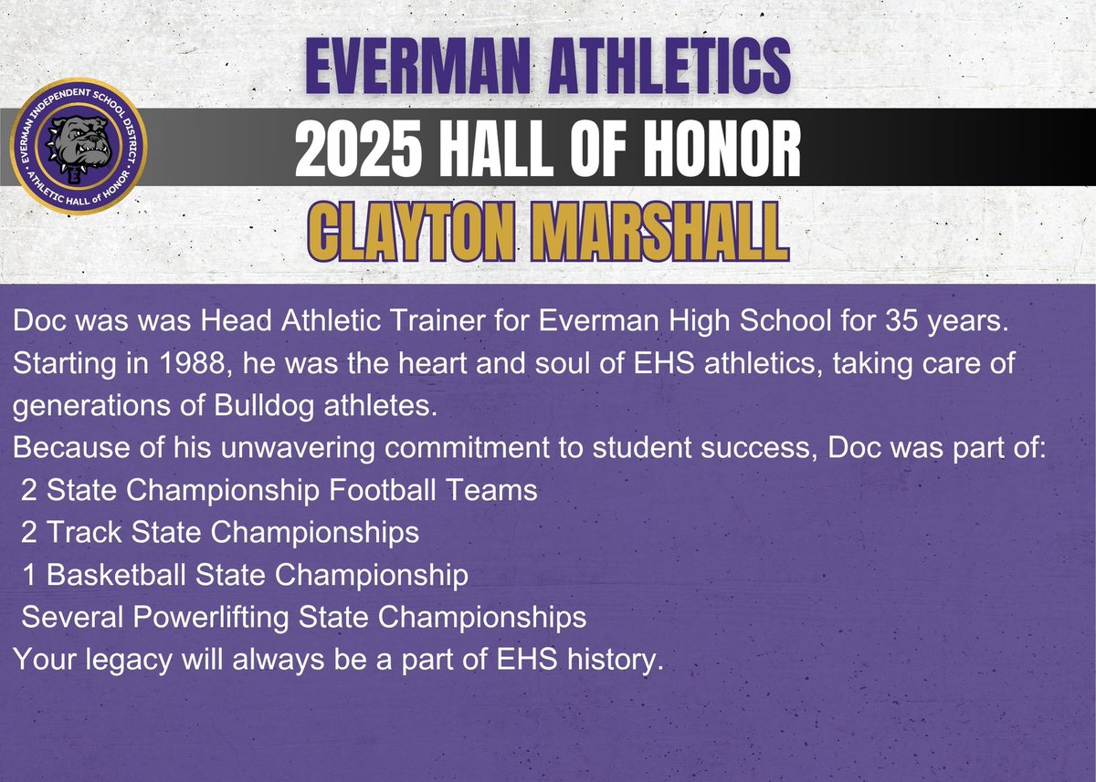 EvermanAthleti1's tweet image. 2025 Hall of Honor inductees. Congratulations to Doc Marshall!
Join us before the football game on September 26 as we celebrate their lasting impact on our community and tradition of excellence!
One Goal…One Purpose…Student Success!
#eisdallin
…-central1-01.preview.finalsitecdn.com/news/details/~…