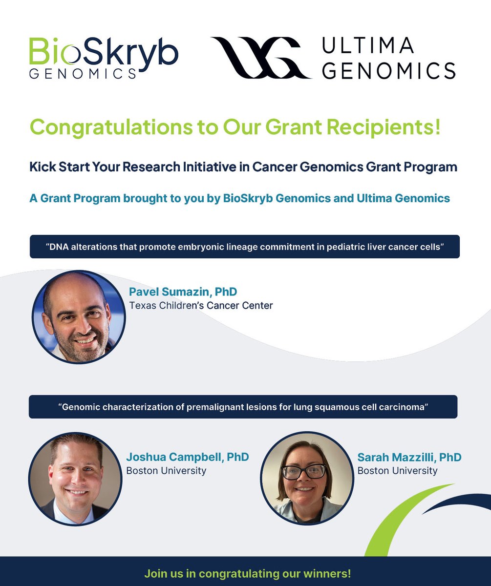 BioSkryb Genomics, Inc. (@bioskryb) on Twitter photo We are thrilled to announce the recipients of our Kick Start Your Research Initiative in Cancer Genomics Grant Program with <a href="/UltimaGenomics/">Ultima Genomics</a>.
Congratulations to Drs. Pavel Sumazin, Joshua Campbell, and Sarah Mazzilli! We are thrilled to announce the recipients of our Kick Start Your Research Initiative in Cancer Genomics Grant Program with <a href="/UltimaGenomics/">Ultima Genomics</a>.
Congratulations to Drs. Pavel Sumazin, Joshua Campbell, and Sarah Mazzilli!