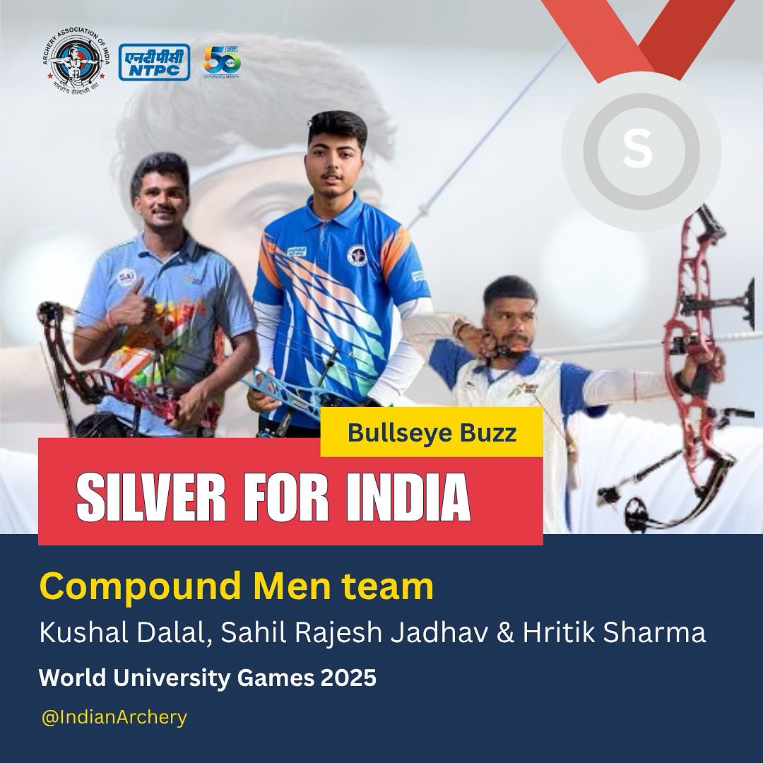 With precision and perseverance, Kushal Dalal, Sahil Rajesh Jadhav, and Hritik Sharma secured silver in the Compound Men’s Team event at the 2025 FISU World University Games. 

A stellar showing by the Indian contingent!

#NTPC #Archery #India