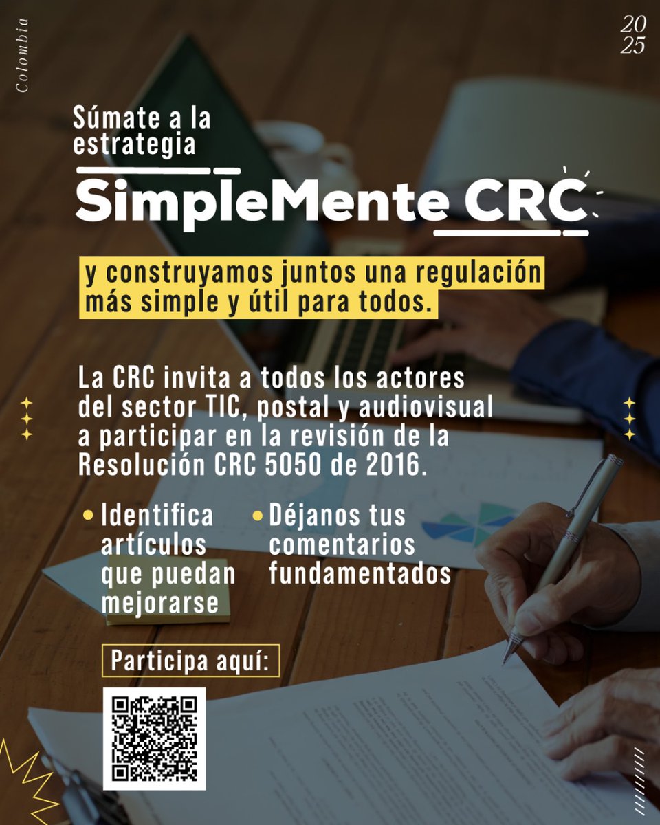 ¿Alguna regulación debería eliminarse o simplificarse? 
Participa en #SimpleMenteCRC y comparte tus aportes para actualizar la Resolución CRC 5050 de 2016. 
🗣️ Tu opinión cuenta 👉 

tramitescrcom.gov.co/simplificacion…