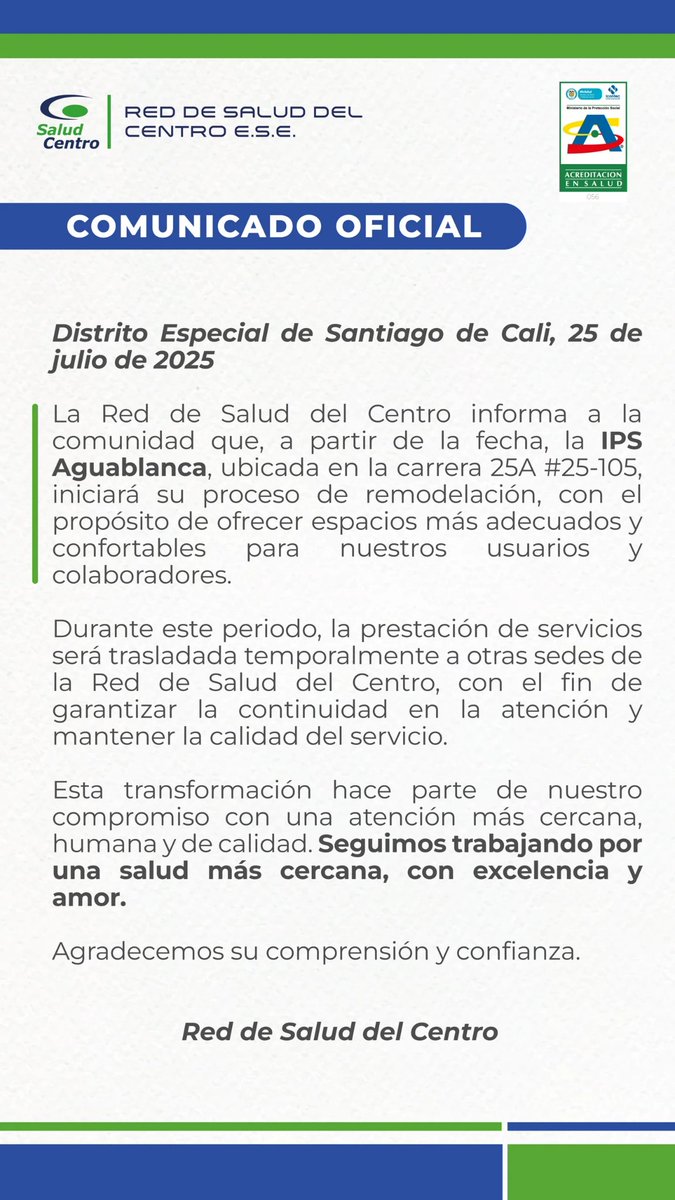 📢 ¡Atención comunidad!

Seguimos trabajando por una salud más cercana, con excelencia y amor. Gracias por tu comprensión. 🤝🏻

#RedDeSaludDelCentro #Remodelación #IPSAguablanca #SaludParaTodasYTodos