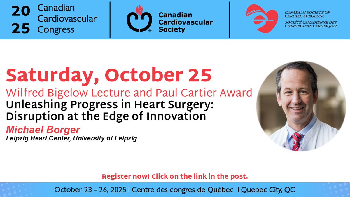 cscs_sccc's tweet image. Dr. Michael Borger, Professor of Cardiac Surgery at the University of Leipzig, is this year’s Wilfred Bigelow Lecture and Paul Cartier Award winner and one of our invited guest speakers! Register now at ccc2025.eventscribe.net to attend.
@cscs_sccc #CCC25 #CCCongress