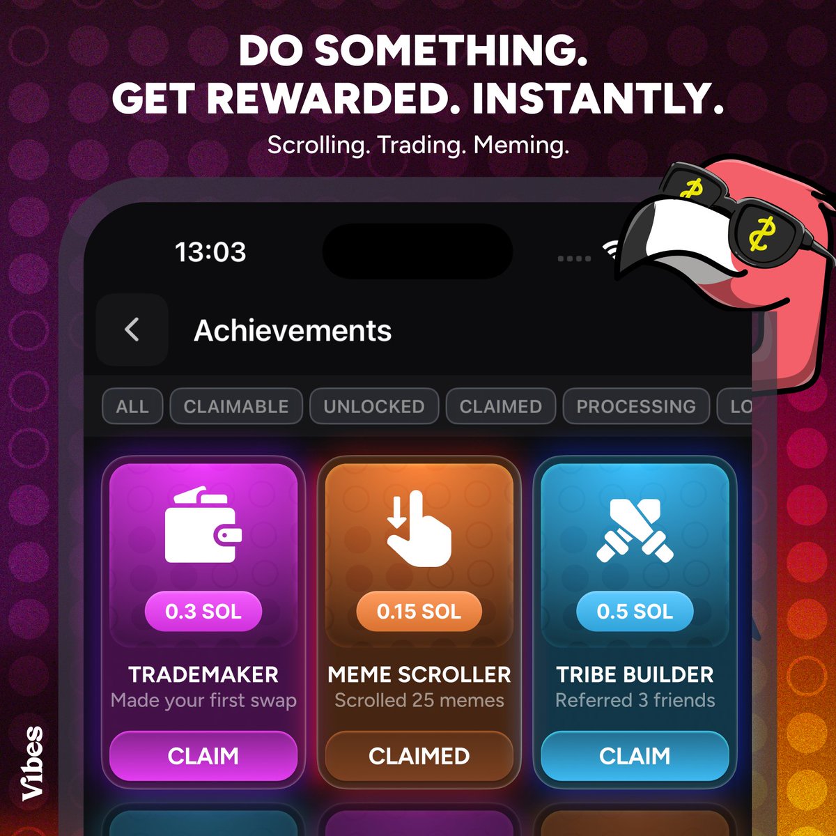 vibesdotmeme's tweet image. Make a trade.
Hit a milestone.
Scroll a meme.
Vibes drops the reward instantly.
No “processing,” no “pending,” no “wait 24 hrs.”
If you did it, you got it.