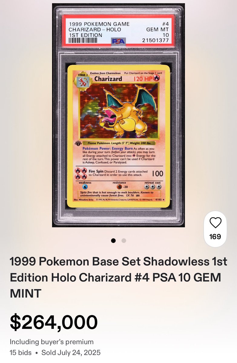 gurucollects's tweet image. Anyone else notice the sales gap between a BGS 9.5 and a PSA 10 of the same 1st Edition Shadowless Charizard last night?
$210,000 more for the PSA 10. What are your thoughts? 🤔