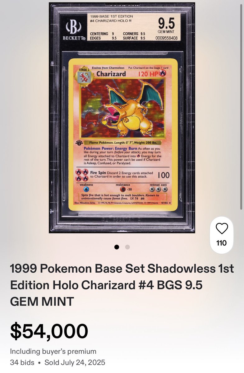 gurucollects's tweet image. Anyone else notice the sales gap between a BGS 9.5 and a PSA 10 of the same 1st Edition Shadowless Charizard last night?
$210,000 more for the PSA 10. What are your thoughts? 🤔