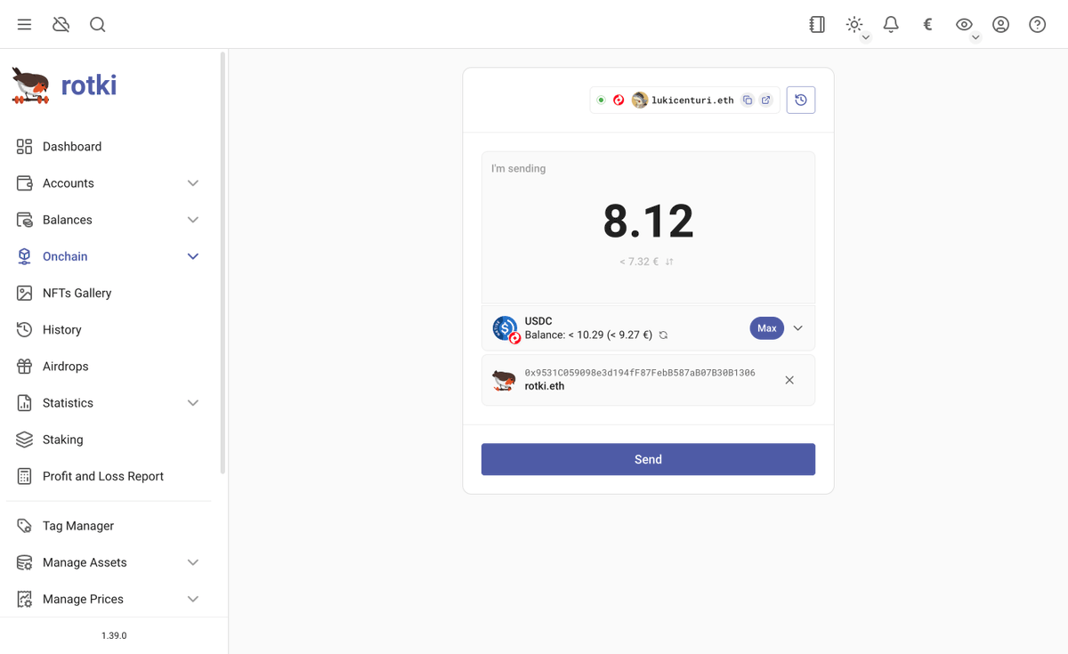LefterisJP's tweet image. The latest @rotkiapp is not just a tracking/accounting tool anymore.
But one with which you can actively manage the chain! You can now send tokens to anybody across all supported EVM chains.
🐦 Use rotki and get onchain while staying local and private!