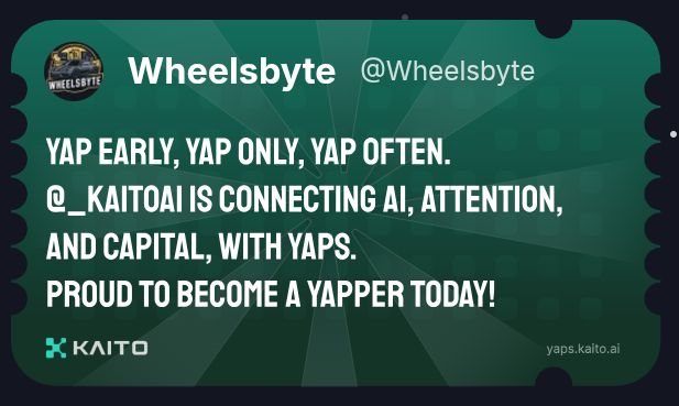 Wheelsbyte (@wheelsbyte) on Twitter photo Yap early, yap only, yap often.
<a href="/KaitoAI/">Kaito AI 🌊</a> is connecting AI, attention and capital with Yaps.
Just claimed my social card and I'm accumulating Yap points in real-time. Excited to join the movement
Claim yours 👉 yaps.kaito.ai/referral/14194… Yap early, yap only, yap often.
<a href="/KaitoAI/">Kaito AI 🌊</a> is connecting AI, attention and capital with Yaps.
Just claimed my social card and I'm accumulating Yap points in real-time. Excited to join the movement
Claim yours 👉 yaps.kaito.ai/referral/14194…