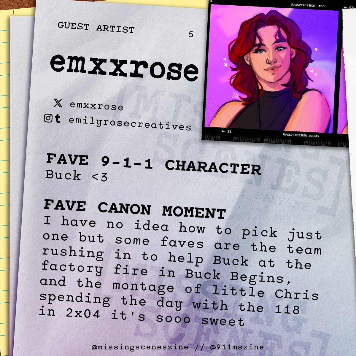 911MSZine's tweet image. Up next for our guest artists is @emxxrose ! They can be found on Instagram and Tumblr with the username @/emilyrosecreatives.
Apps are still open! Have you submitted yours?
🔥 ARTIST: forms.gle/uy2dtcDvMFCBWx…
🔥 WRITER: forms.gle/GesZvq954WGx4Q…
🔥 INFO: missingscenes.carrd.co
