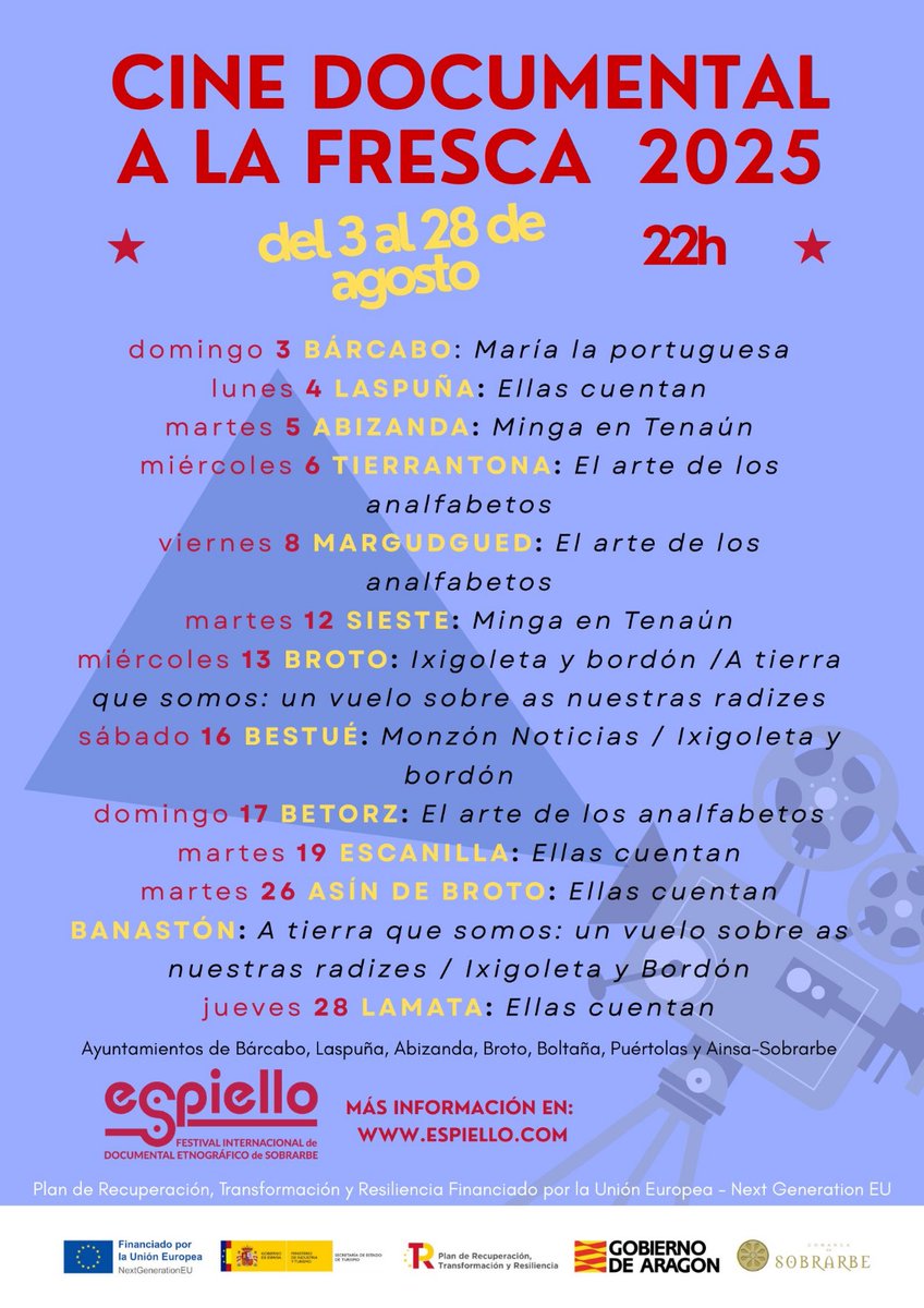 ¿Echabais de menos la programación veraniega de #Espiello❓😁 Pues aquí estamos de nuevo, con el #cine a la fresca 🎥🍃 para inaugurar el mes de agosto 👀
Comenzaremos el día 3️⃣ en #Bárcabo, y recorreremos otros puntos de la geografía sobrarbense hasta el día 2️⃣8️⃣.