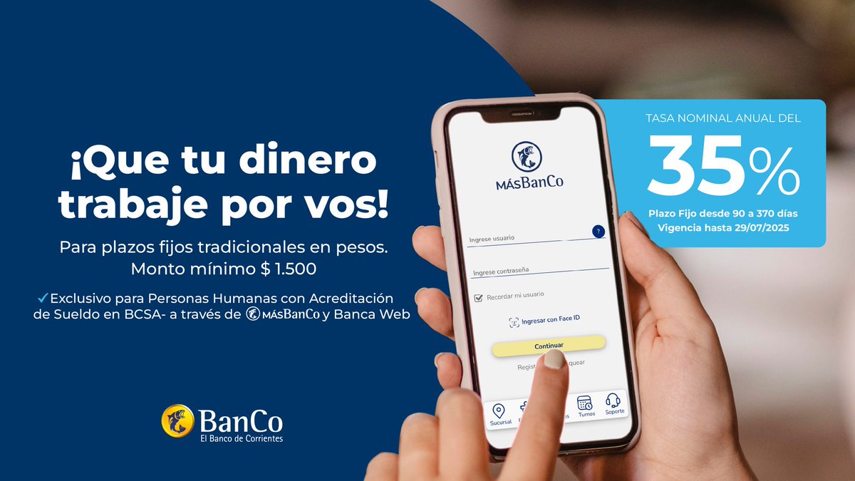 BancodeCtes's tweet image. Constituir un plazo fijo es una forma sencilla y segura de hacer crecer tus ingresos 💰📈

Desde la app MásBanCo o la Banca Web, hacelo 100% online, sin complicaciones 📲💻
