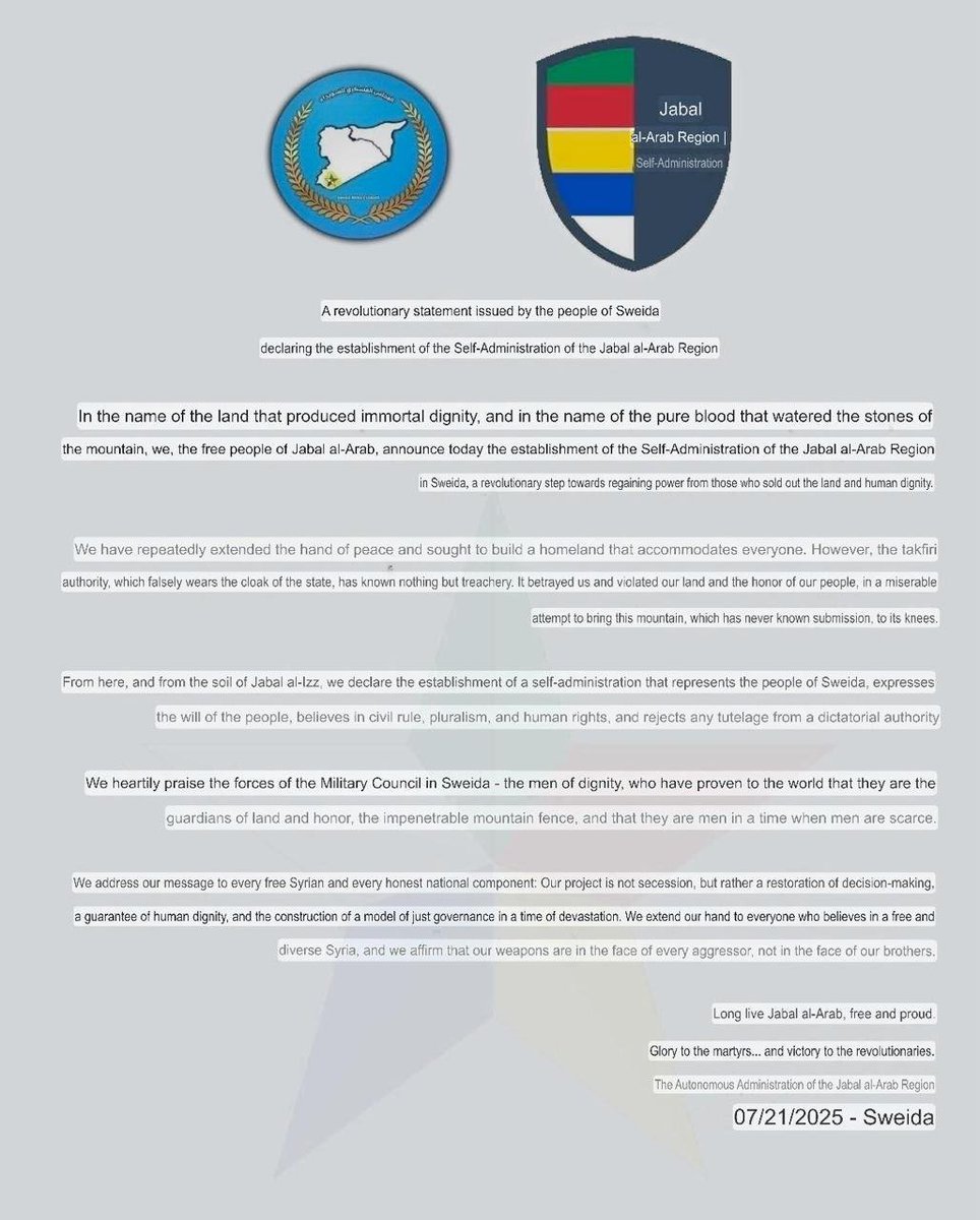 EmekaGift100's tweet image. #BREAKING | Suwayda Military Council (SMC) declares the establishment of the Self-Administration of the Jabal al-Arab, Druze-majority Suwayda, southern Syria.