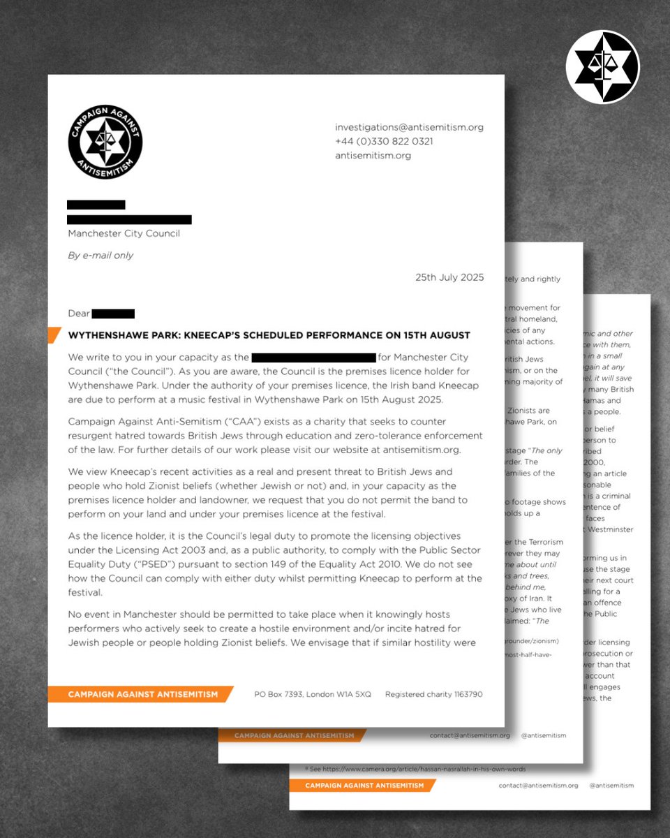Campaign Against Antisemitism (@antisemitism) on Twitter photo “We view Kneecap’s recent activities as a real and present threat to British Jews and people who hold Zionist beliefs (whether Jewish or not).”
We have written to <a href="/ManCityCouncil/">Manchester City Council</a> calling on them to ensure that Kneecap’s upcoming performance at Wythenshawe Park does not go ahead. “We view Kneecap’s recent activities as a real and present threat to British Jews and people who hold Zionist beliefs (whether Jewish or not).”
We have written to <a href="/ManCityCouncil/">Manchester City Council</a> calling on them to ensure that Kneecap’s upcoming performance at Wythenshawe Park does not go ahead.