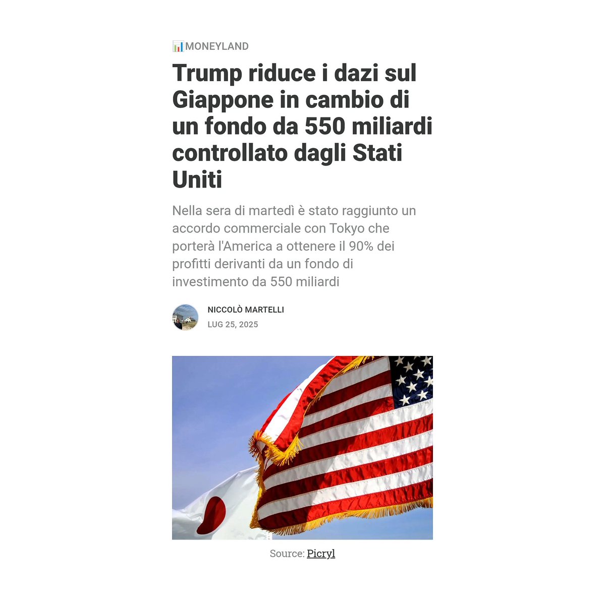 Jefferson - Lettere sull'America (@letteretj) on Twitter photo 🇯🇵🇺🇸Un nuovo accordo commerciale con il #Giappone, annunciato da Trump martedì scorso, porterà l’America a ottenere il 90% dei profitti derivanti da un fondo di investimento da 550 miliardi.
📊 Ce ne parla <a href="/nicmar96/">Niccolò Martelli</a> nella rubrica Moneyland
letteretj.it/p/trump-riduce… 🇯🇵🇺🇸Un nuovo accordo commerciale con il #Giappone, annunciato da Trump martedì scorso, porterà l’America a ottenere il 90% dei profitti derivanti da un fondo di investimento da 550 miliardi.
📊 Ce ne parla <a href="/nicmar96/">Niccolò Martelli</a> nella rubrica Moneyland
letteretj.it/p/trump-riduce…