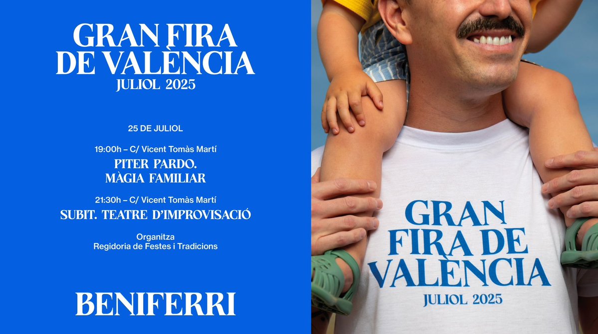 AjuntamentVLC's tweet image. 🌼 La #GranFiraVLC arriba hui a #Beniferri📍 amb màgia i teatre 🎭
🎶També teniu 'L'Hora boja. Nits de l'estiu' a la piscina #ParcOest, música als jardins del @palaumusicavlc i a #Massarrojos, i @Conc_ViverosVLC 🎸
ℹ️ Consulta ací tota la programació ▶️ lc.cx/GHB0aj