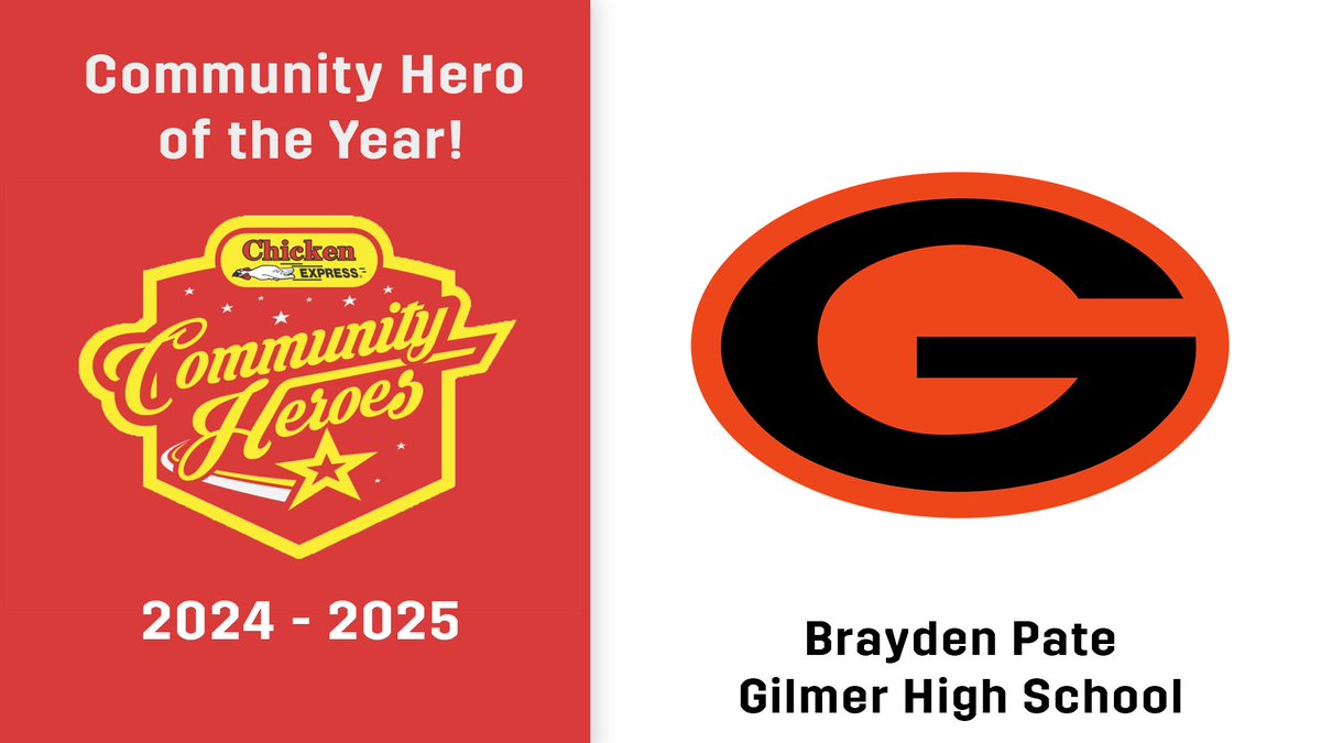 Dave Campbell's Texas Football — TexasFootball.com (@dctf) on Twitter photo Congratulations to Brayden Pate of Gilmer High School on being named the Male <a href="/Chicken_Express/">Chicken Express</a> Community Hero of the Year!
<a href="/RealGilmerBux/">Gilmer Buckeyes</a> <a href="/GilmerBuckeyeFB/">GilmerBuckeyeFB</a> <a href="/GilmerISDProud/">Gilmer ISD</a> Congratulations to Brayden Pate of Gilmer High School on being named the Male <a href="/Chicken_Express/">Chicken Express</a> Community Hero of the Year!
<a href="/RealGilmerBux/">Gilmer Buckeyes</a> <a href="/GilmerBuckeyeFB/">GilmerBuckeyeFB</a> <a href="/GilmerISDProud/">Gilmer ISD</a>