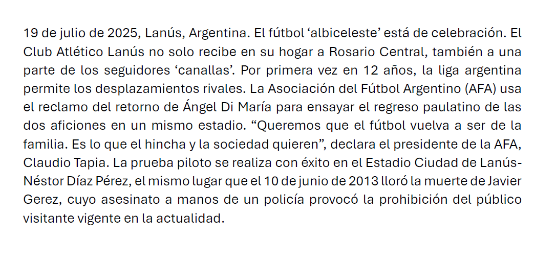Joan Cebrián (@motijoan) on Twitter photo El fútbol argentino dejó de tener público tras la muerte de Javier Gerez. Al "Zurdo" le asesinó la policía, que le disparó a quemarropa. 12 años después, su familia todavía busca que se haga justicia.
Escribo sobre el caso de Gerez en <a href="/BrazaleteNegro/">Brazalete Negro</a>: brazaletenegro.com/p/homicidio-ja… El fútbol argentino dejó de tener público tras la muerte de Javier Gerez. Al "Zurdo" le asesinó la policía, que le disparó a quemarropa. 12 años después, su familia todavía busca que se haga justicia.
Escribo sobre el caso de Gerez en <a href="/BrazaleteNegro/">Brazalete Negro</a>: brazaletenegro.com/p/homicidio-ja…