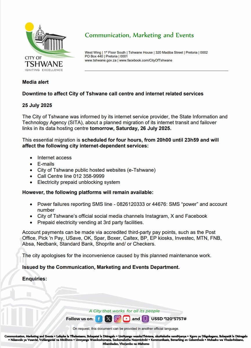 CityTshwane's tweet image. Downtime to affect City of Tshwane call centre and internet related services.