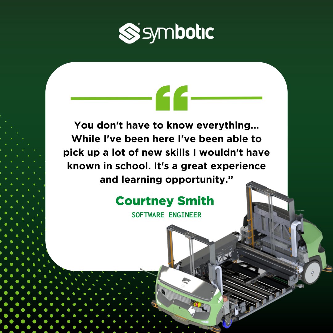 At Symbotic, you’re not expected to know everything on day one—because learning is woven into every step of the journey.
That growth is supported by collaborative teams who understand that development takes time, experience, and patience.

#TeamSymbotic #EmployeeTestimonial