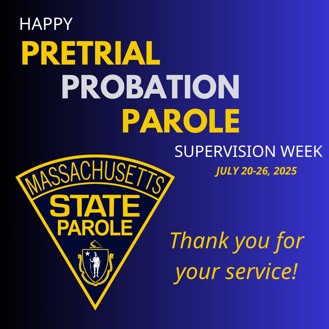 EOPSS's tweet image. To celebrate National Pretrial, Probation, and Parole Supervision Week, we want to recognize the incredible probation and parole professionals who work hard to keep communities safe across Massachusetts.
A special thanks to the Parole team for your dedication and commitment to…