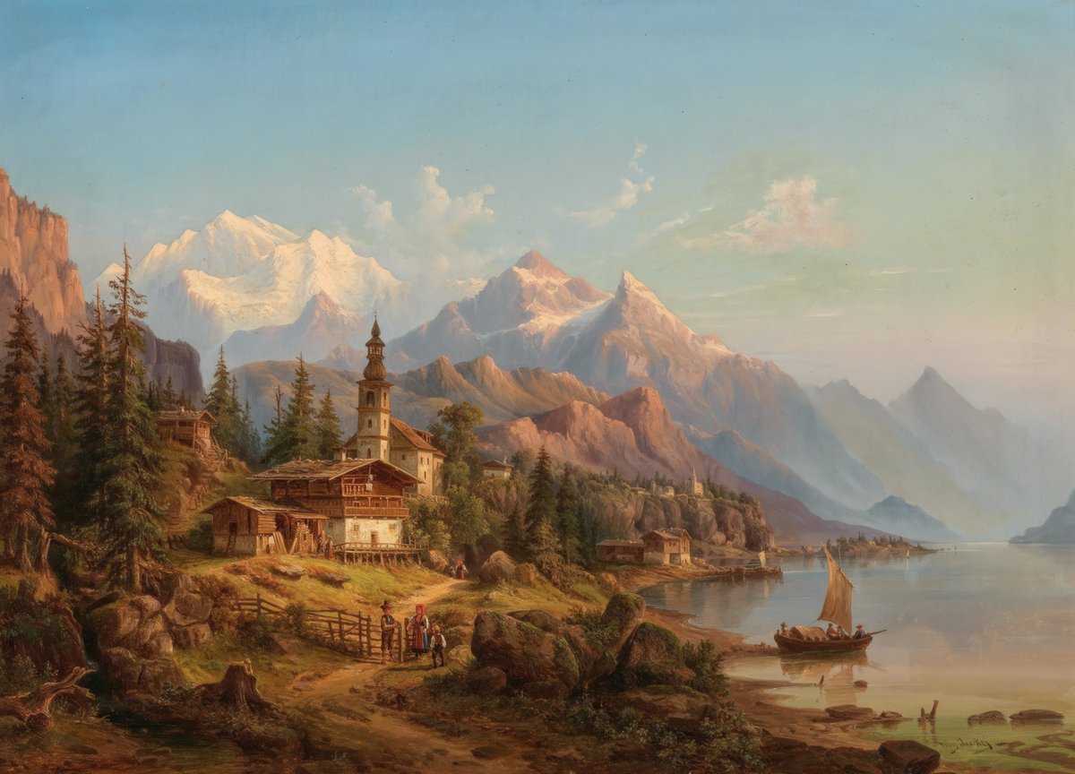 realAtlasPress's tweet image. Partie vom Thuner See, Switzerland, by Heinrich Jaeckel (painted some time between 1842-1867)
