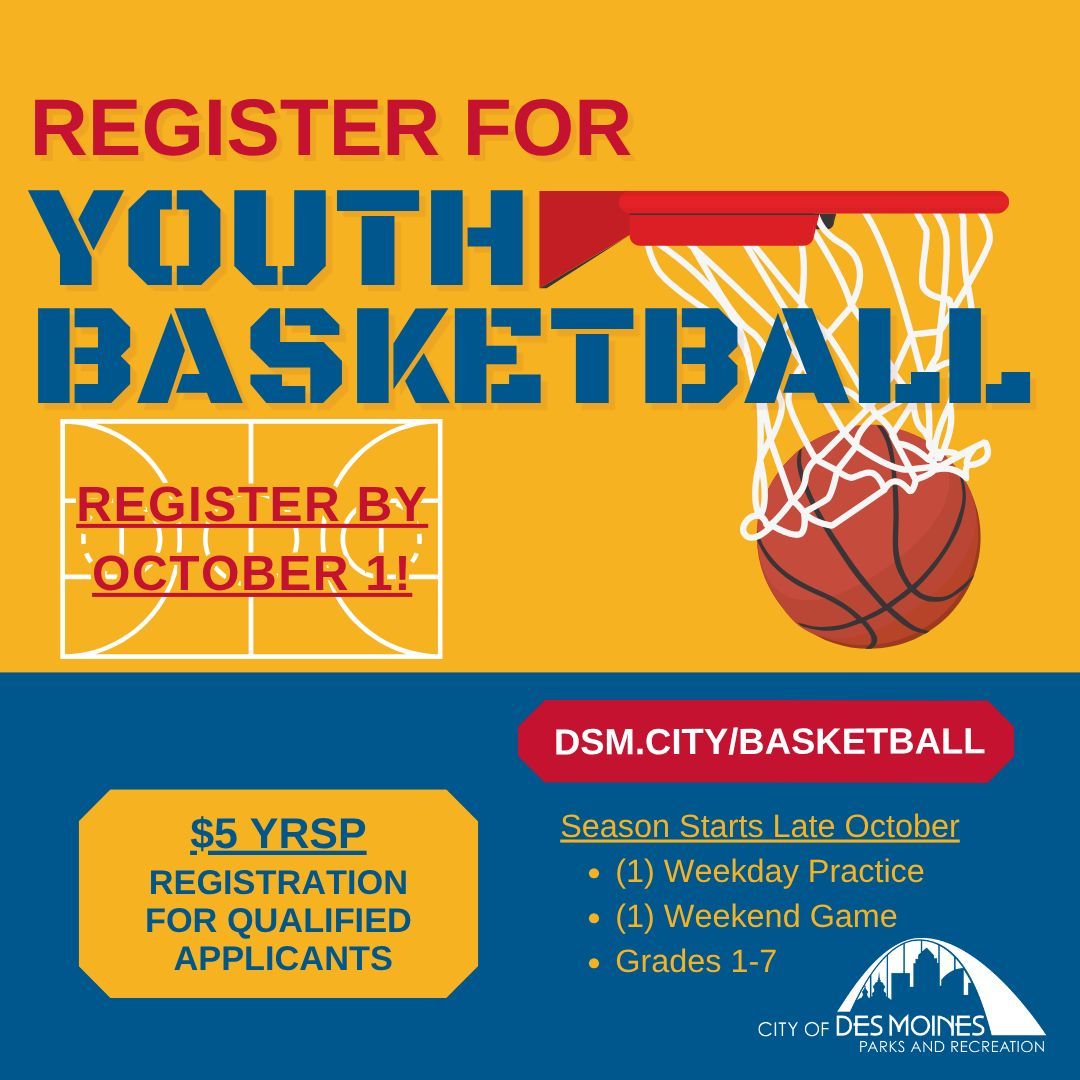 DesMoinesParks's tweet image. Dribble, Pass, Shoot, Score! Do it all this Fall!
 
Sign your kiddo up for Youth Basketball! Whether your future star-athlete is totally new to the sport or already a pro, they can look forward to learning the sport and improving skills! 🏀
 
Learn more at DSM.City/basketball