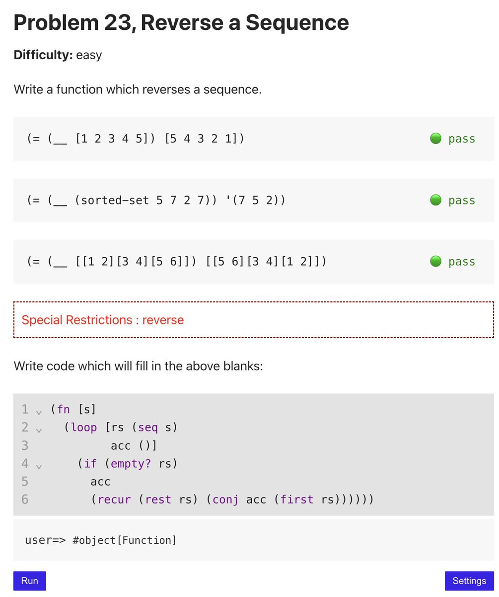 goshatch's tweet image. Doing the 4clojure problems for practice, with only the official docs + clojure source code. Simple problem, and this was my solution, but when I look at the answers, I saw this gem of a solution 🤩
 
(fn [s]
  (reduce conj &apos;() (seq s)))

It&apos;s a long way to the top!