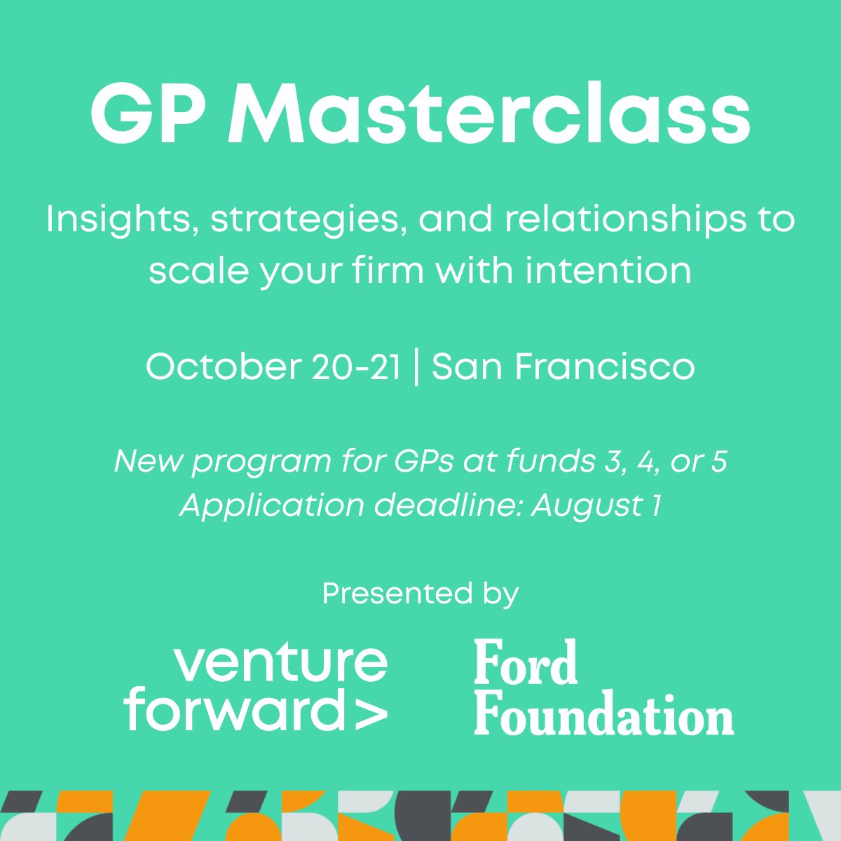 Open_LP's tweet image. 🚀 Applications are open for the new GP Masterclass from @VCForward! This immersive 1.5-day bootcamp takes place Oct 20–21 in SF for 10 GPs raising/managing Funds 3-5. Get tactical playbooks, veteran GP insights & LP access.
Apply by Aug 1: ventureforward.org/programs-initi…