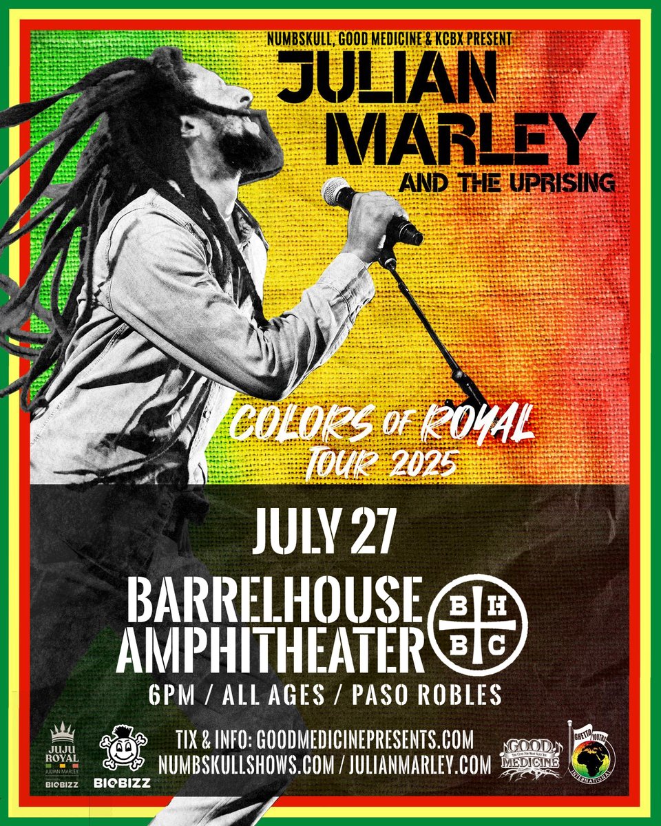Good Medicine (@goodmedicine805) on Twitter photo Julian Marley and The Uprising bring the Colors of Royal tour to <a href="/BarrelHouseBeer/">BarrelHouse Brewing</a> tomorrow July 27th! Get tix while you can: tickets.goodmedicinepresents.com/e/julian-marle…
<a href="/NumbskullShows/">Numbskull Shows</a> #goodmedicine #barrelhouse #bhbc #pasorobles Julian Marley and The Uprising bring the Colors of Royal tour to <a href="/BarrelHouseBeer/">BarrelHouse Brewing</a> tomorrow July 27th! Get tix while you can: tickets.goodmedicinepresents.com/e/julian-marle…
<a href="/NumbskullShows/">Numbskull Shows</a> #goodmedicine #barrelhouse #bhbc #pasorobles