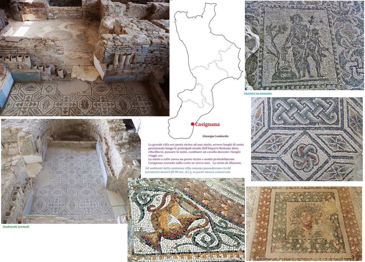 Il più grande complesso romano della #Calabria, ovvero villa romana di Casignana, edificata nel I d.C. con esistenza fino al V sec. d.C.. Dotata di terme, ambienti di servizio e un'area residenziale, sito che conserva numerosi mosaici tra cui "nereide sul leone" 
#art #Heritage