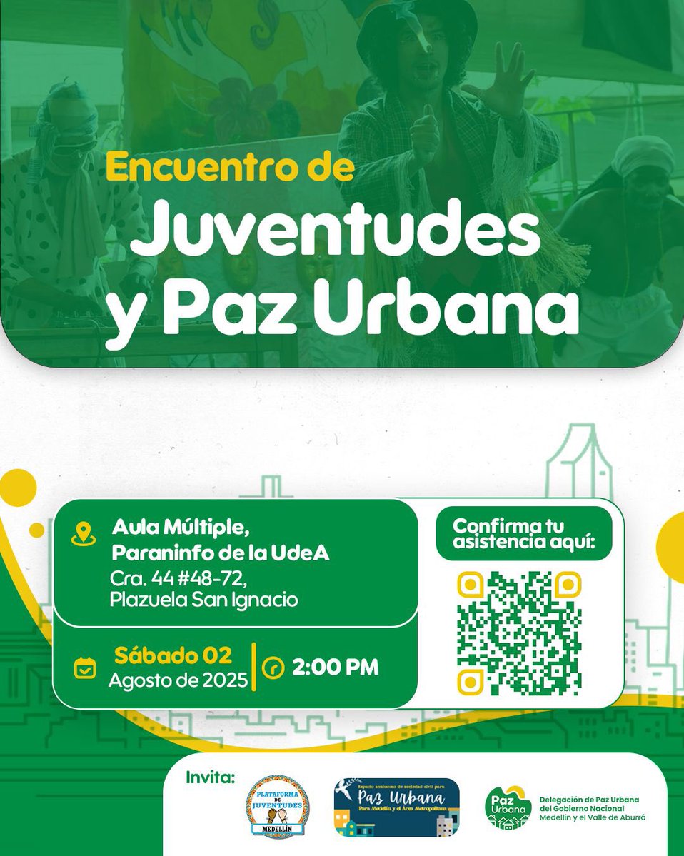 PazUrbanaCo's tweet image. 📢 Te esperamos en el Encuentro #JuventudesyPazUrbana, un espacio para construir propuestas e incidir en el proceso de paz en el Valle de Aburrá.
¡La juventud alza la voz por la paz! 🗣️🕊️
🗓️ 2 de agosto | 🕑 2:00 p. m.
📍 Paraninfo @UdeA
🔗 Inscríbete: forms.gle/XHx2TQApKyrvQD…