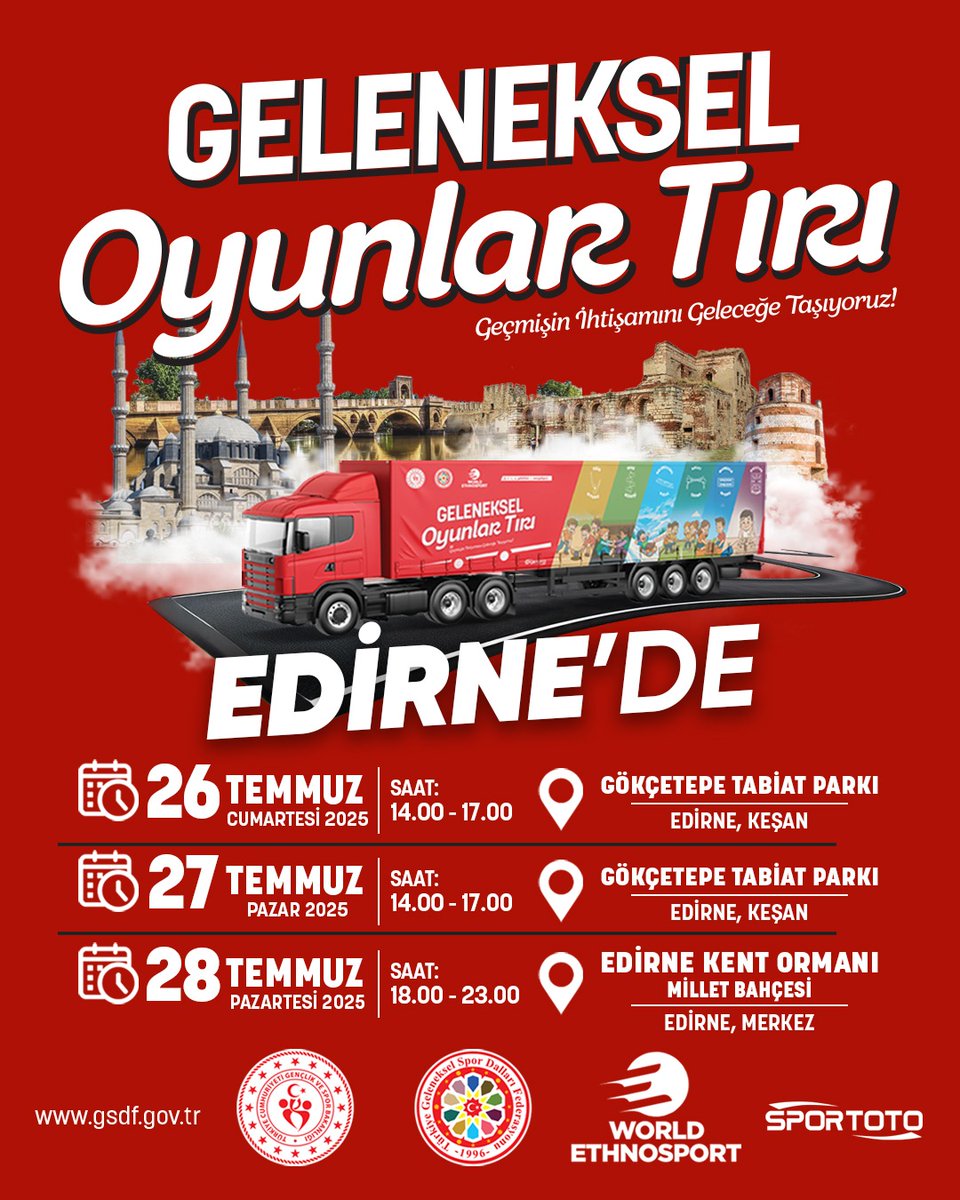 🎉 Geleneksel Oyunlar Tırı Edirne’ye Geliyor! 🎉

📍 26-27 Temmuz – Keşan Gökçe Tabiat Parkı
🕑 14:00 – 17:00

📍 28 Temmuz – Edirne Kent Ormanı Söğütlük Millet Bahçesi
🕕 18:00 – 23:00

🎈Tüm çocuklarımızı ve ailelerimizi bu unutulmaz oyun şölenine bekliyoruz!