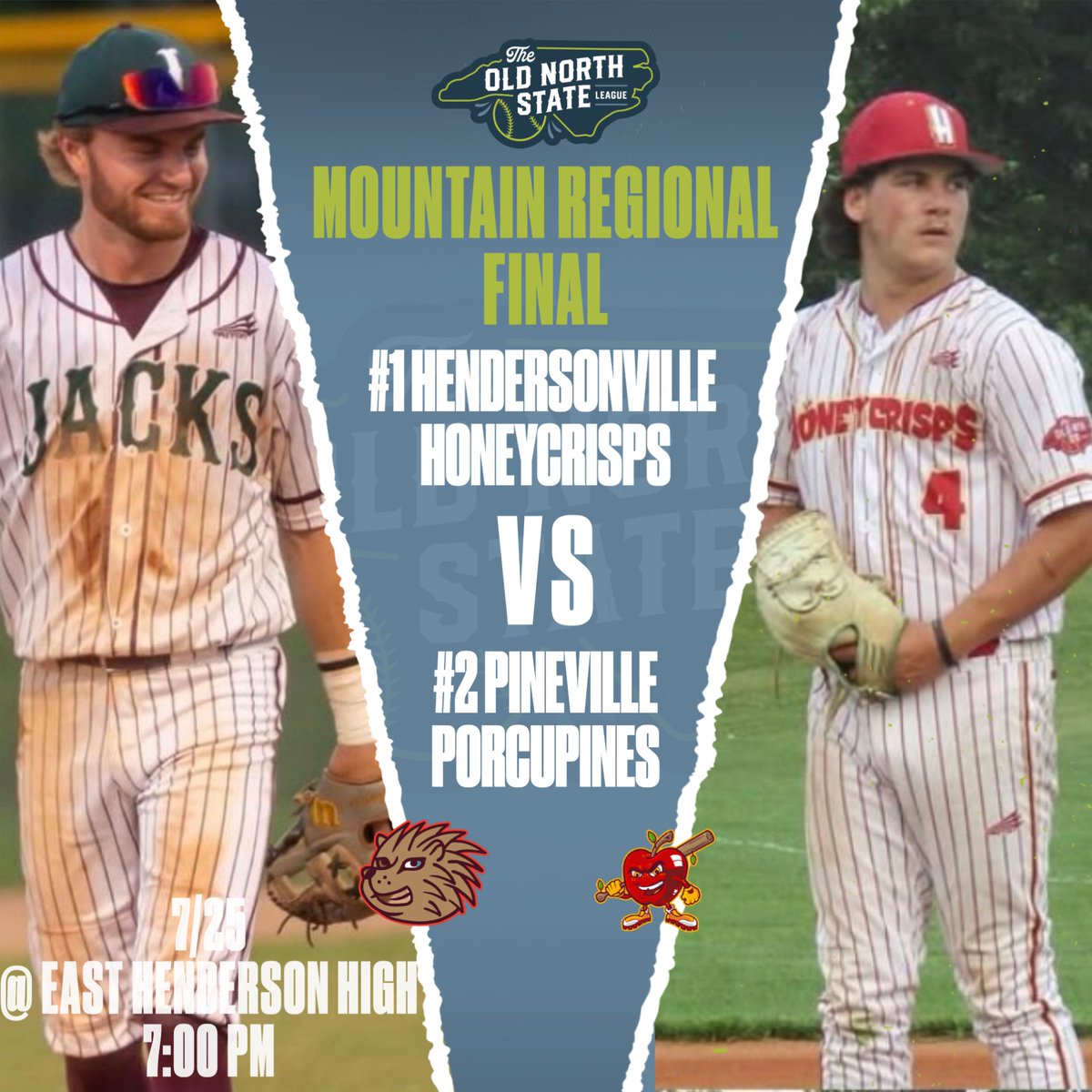 ONSLBaseball's tweet image. 🏆 MOUNTAIN FINAL 🏆

The #2 Pineville Porcupines travel to the top-seeded Hendersonville Honeycrisps for a thrilling matchup between the best two teams out west! 

Visit each team&apos;s page to purchase tickets, or stream the game live at the link in our bio!

#ThisIsONSL