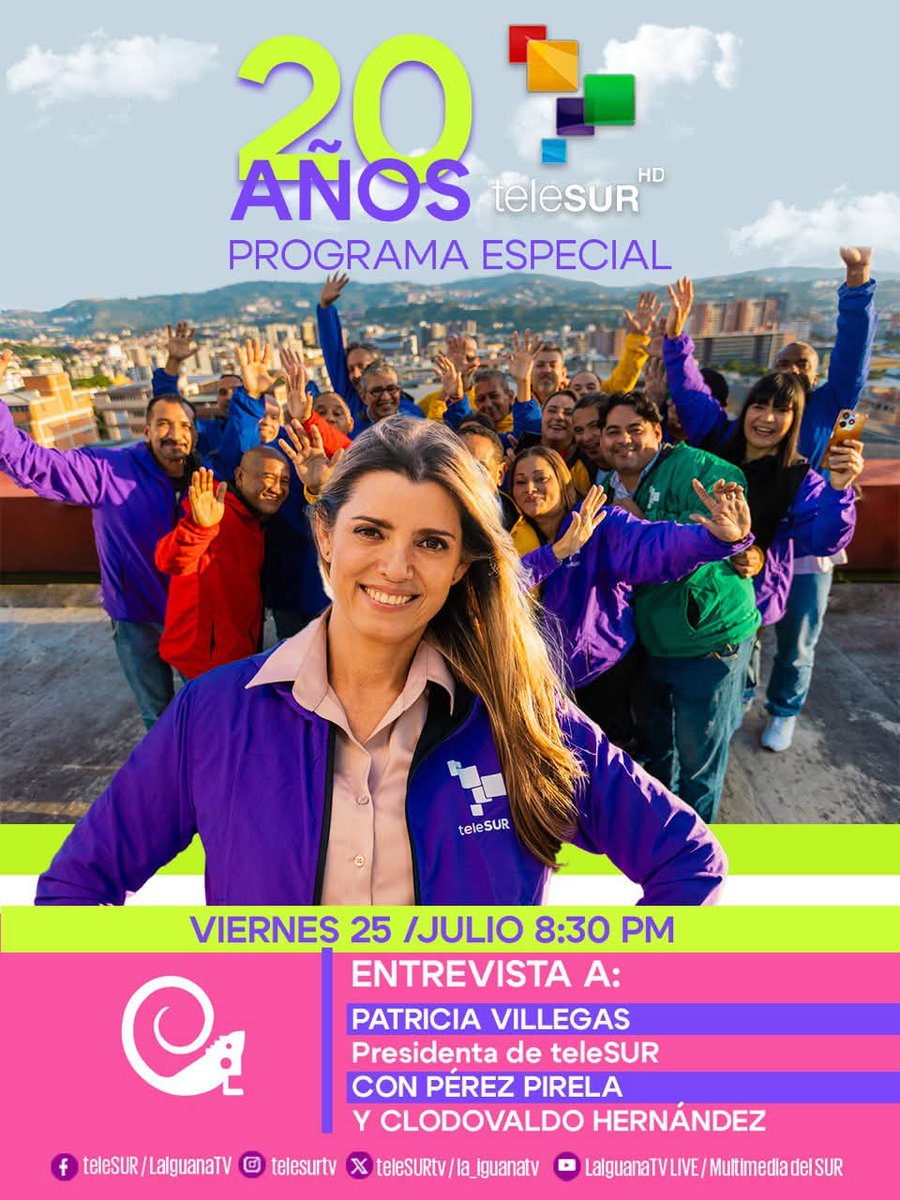 Admiración y reconocimiento a <a href="/teleSURtv/">teleSUR TV</a> en sus 20 años, a sus fundadores y a sus realizadores actuales. Multiplataforma descolonizadora y voz de los pueblos del Sur, nacida de la genialidad de Chávez y Fidel. ¡Felicidades y gracias por existir, y renovarse cada día!