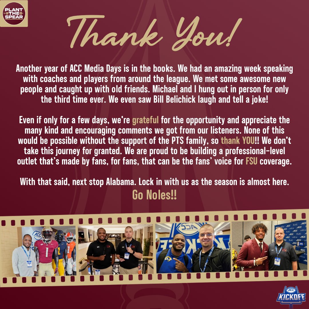 Plantthespear1's tweet image. ACC Media Days 2025 is a wrap! 🎬 Thank you Nole Nation. We couldn't do it without your support. Grateful for the opportunity. Go Noles!! 🔥🍢