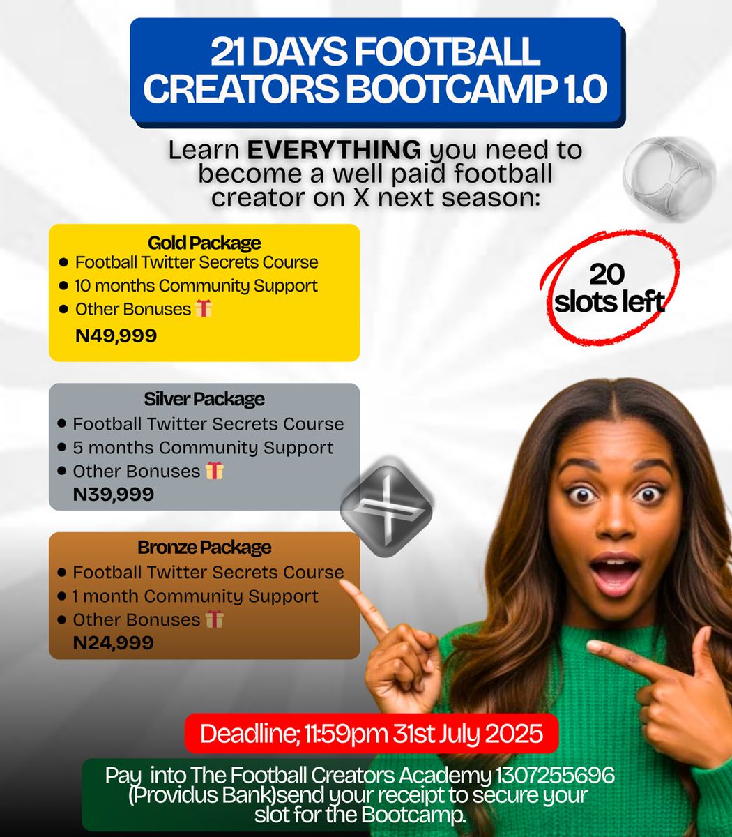 futballcreators's tweet image. Get direct access to @EdmundOris' ideas, teachings and formulas for growing on X for N49,999 AT MOST. YES! 🙂
The Gold Package of the Football Creators' Bootcamp also comes with 10 months @TheLockerrRoom support and the Football Twitter Secrets Course.
OFFER ENDS IN 6 DAYS.