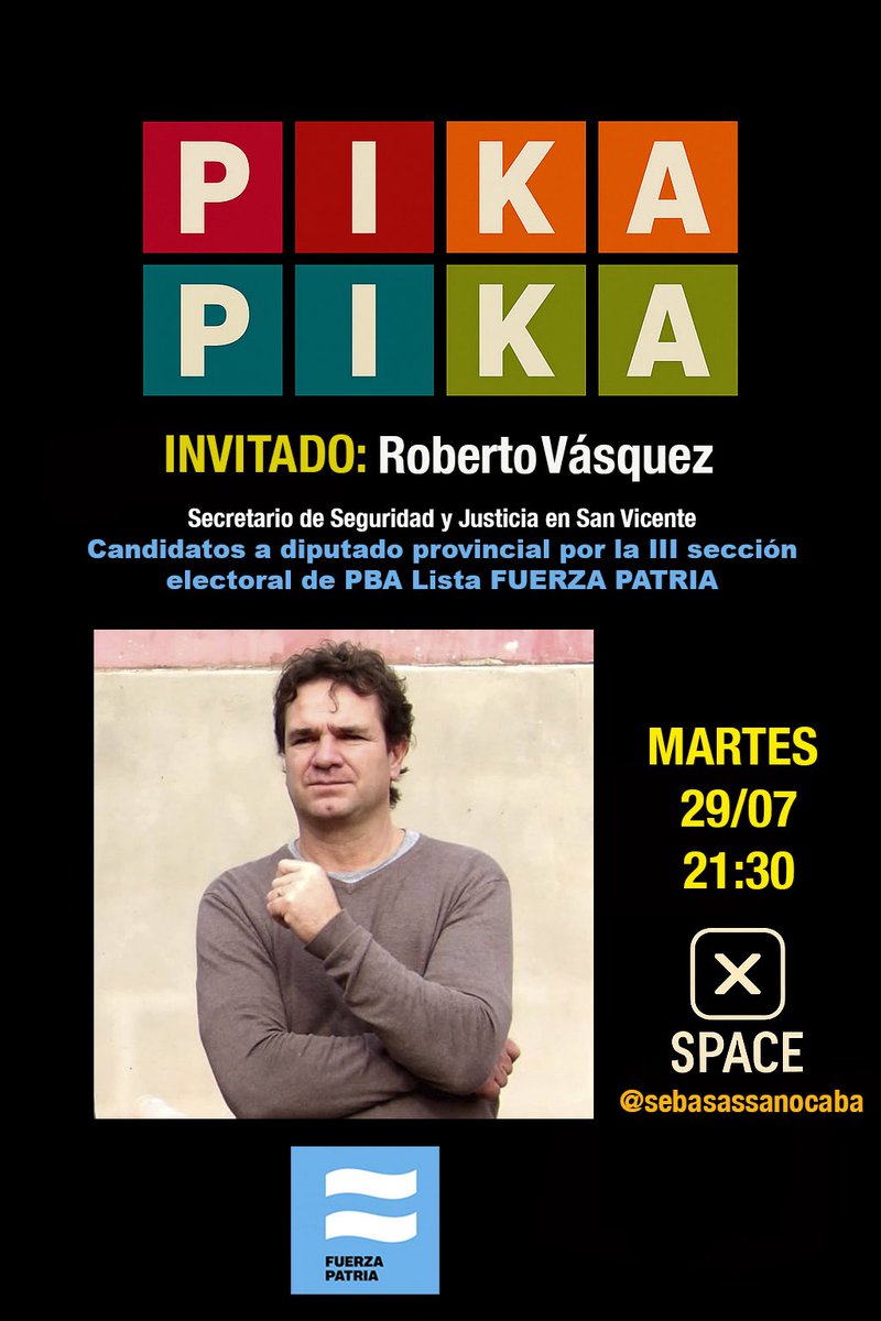 sebasassanocaba's tweet image. 📣 Este martes 29/07 a las 21:30 en #PIKAPIKA hablamos con Roberto Vásquez, Sec. de Seguridad en San Vicente y candidato a diputado provincial por la III sección @RoberVazquezOK 🔵 #FuerzaPatria
💬 Sumate 👉 @sebasassanocaba