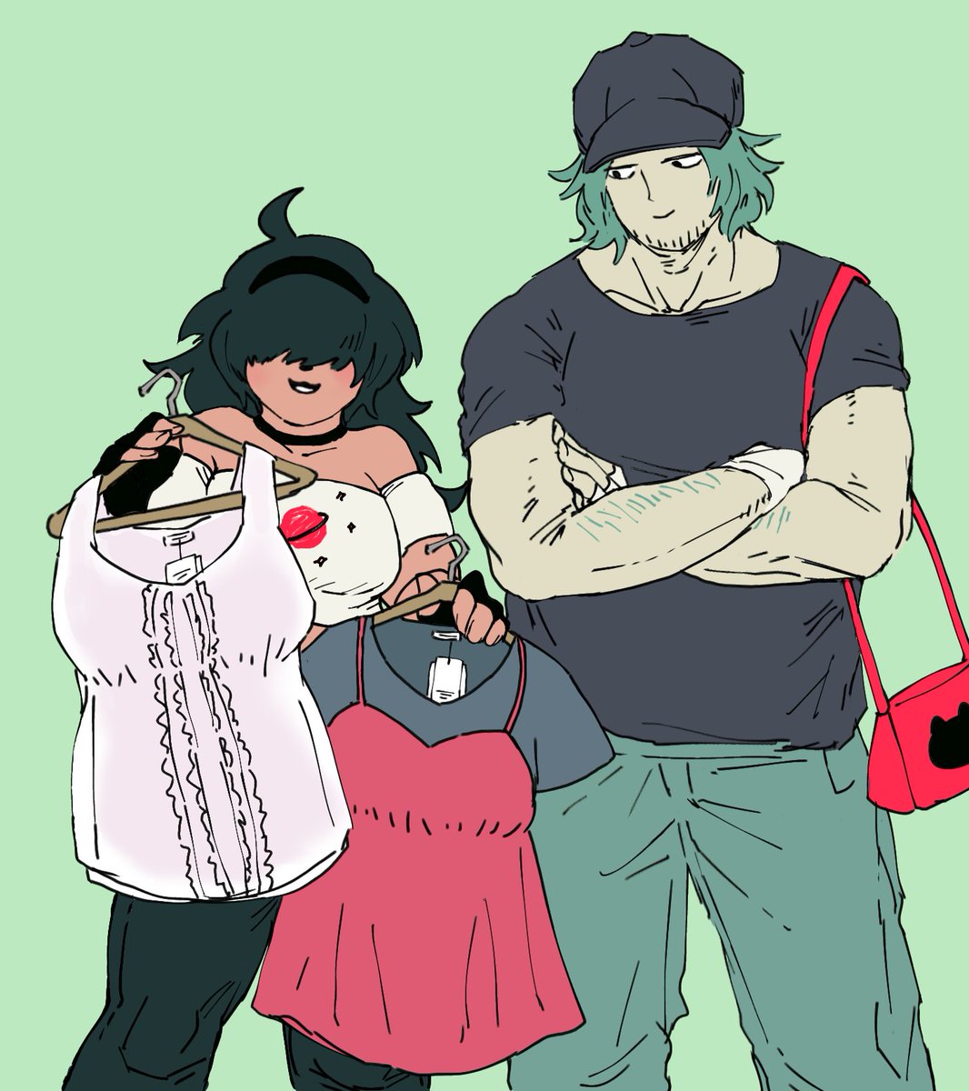 「ねーこれとこれどっちが良いかな？」

「⋯⋯⋯⋯。(聞いてない)」

そんな図です