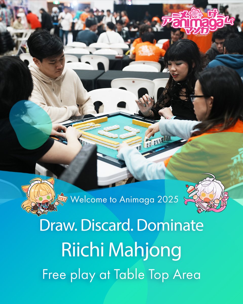 AnimagaExpo's tweet photo. Test your luck and skill at Riichi Mahjong tables at Animaga 2025!
Free to play with VRMA all weekend.
Learn, play, and dive into Riichi City.
🀄 https://t.co/caJo5IJ8PP
#Animaga2025 #RiichiMahjong #VRMA #RiichiCity https://t.co/tT7ut6ewoW