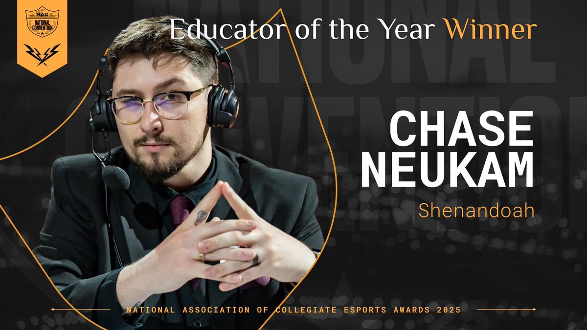 NACEsports's tweet image. Empowering their students to build the future and helping them succeed...
The 2025 Educator of the Year Award goes to
@chaseneukam from @ShenUesports
Congratulations!