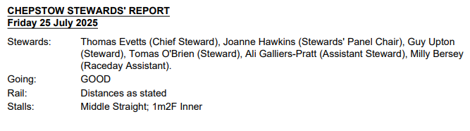 BHAStewards's tweet image. For Today's Going @Chepstow_Racing please see below. Further updates throughout the evening can be found via the following link ➡️CHEPSTOW - Stewards' Report: Friday 25 July 2025